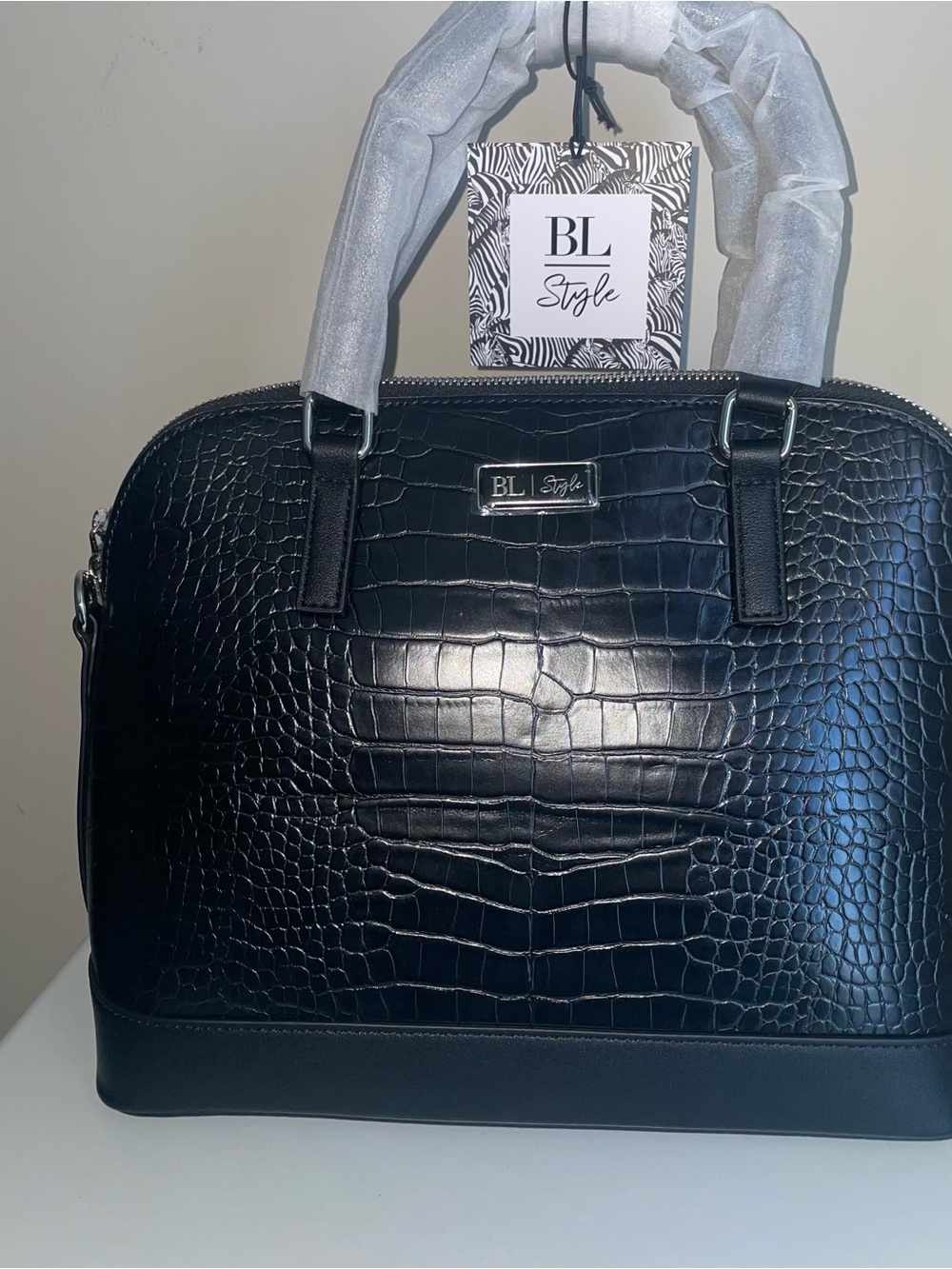 BL Style Black Croc Embossed Satchel Handbag Top Handle Crossbody Purse NWT